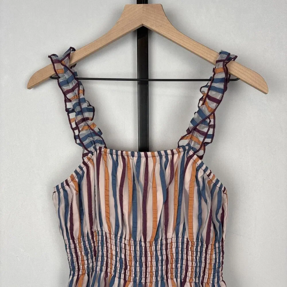 Tularosa Revolve Ingrid Dress M Colorful Striped Ruffled Smocked Fit and Flare - Picture 3 of 12